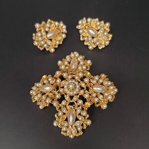 Vtg Signed FLORENZA Maltese Cross Brooch & Earrings Set Gold Tone Pearl AS-IS